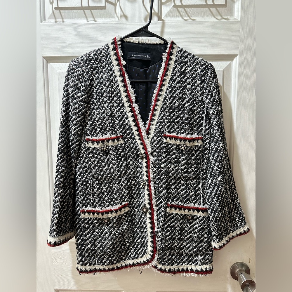 Zara Women's Black and White Tweed Blazer with Red Trim